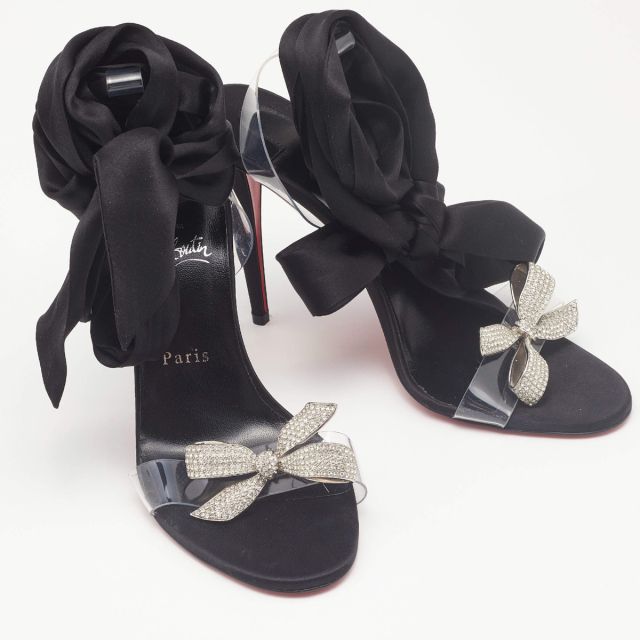 Christian Louboutin Astrinodo Ankle Tie Sandals 100mm Satin and PVC Black