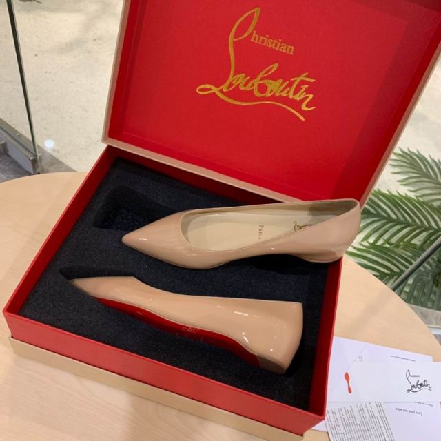 Christian Louboutin Ballalla Pointed Toe Ballet Flats Patent Leather Nude