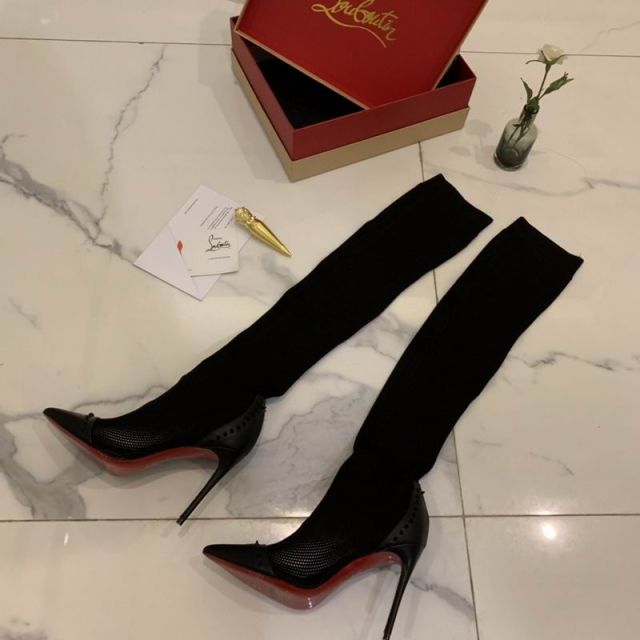 Christian Louboutin Dovi Dova Sock Booties 100mm Knee-high Boots Knit Fabric and Leather Black