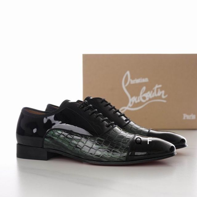 Christian Louboutin Greggo Oxfords Crocodile Embossed Patent Leather Black Green