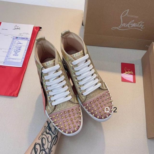 Christian Louboutin Lou Spikes Donna Flat Sneakers Glittered Leather Pink Gold