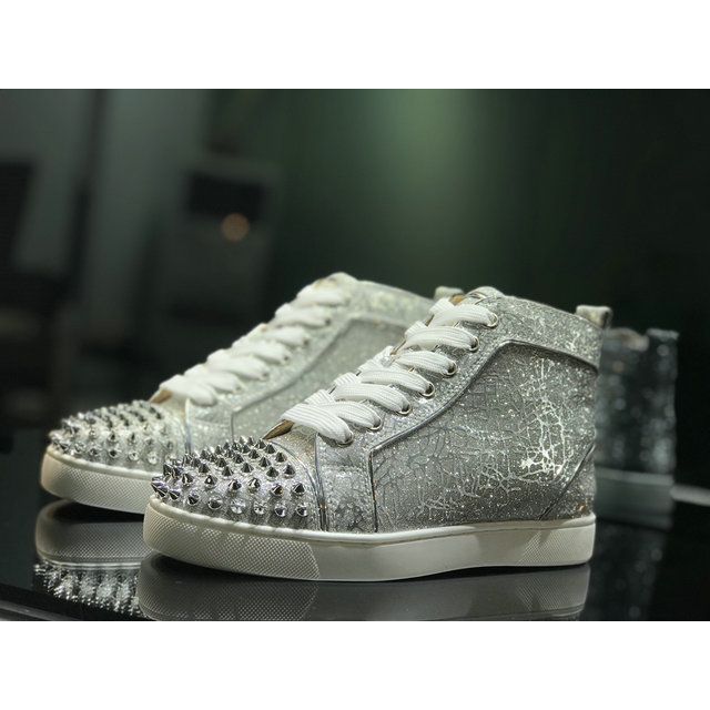 Christian Louboutin Lou Spikes High-top Sneakers Glitter Leather Silver