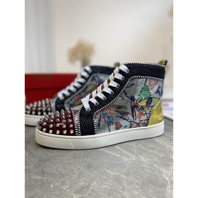 Christian Louboutin Lou Spikes High-top Sneakers Graffiti Sequin And Leather Multicolor