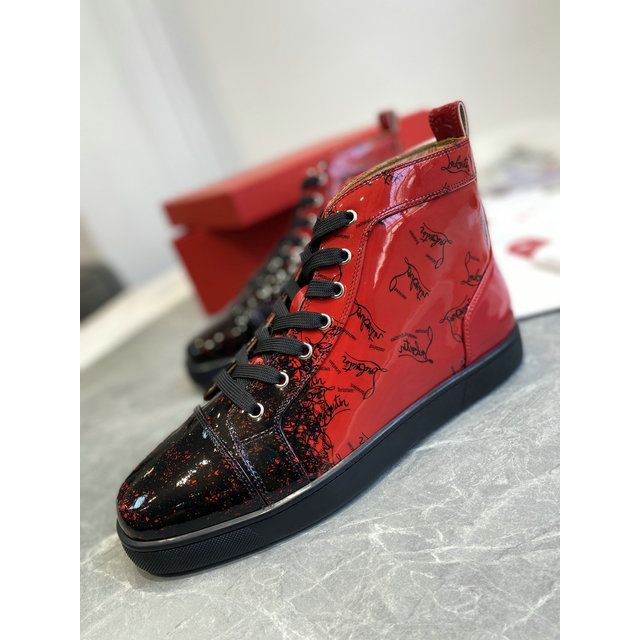 Christian Louboutin Louis Flat Degraloubi High-top Men Sneaker Patent Leather Black Red