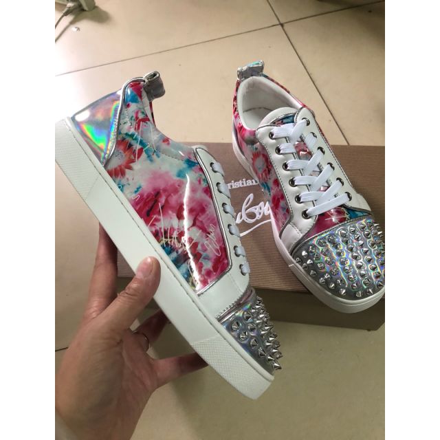 Christian Louboutin Louis Junior Spike Low Top Men Sneakers Laminated Leather Floral Print