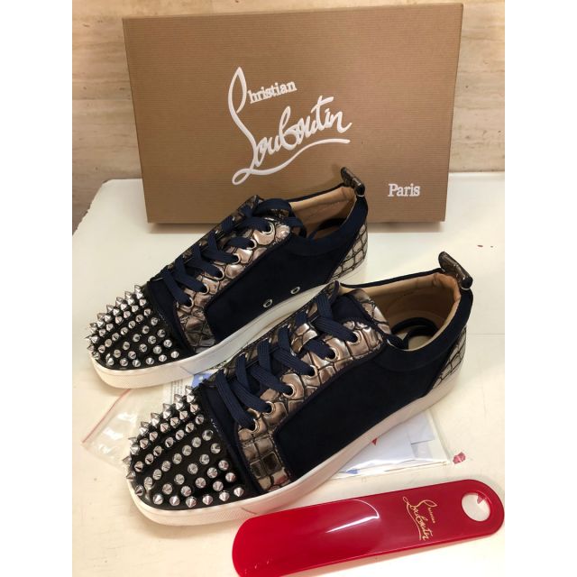 Christian Louboutin Louis Junior Spike Low Top Sneakers Leather and Veau Velours Black