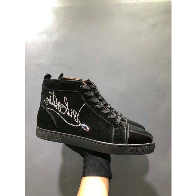 Christian Louboutin Louis Strass Flat High-top Sneakers Suede and Patent Leather Black