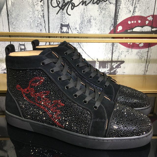 Christian Louboutin Louis Strass High-Top Sneakers Suede Logo Rhinestones Embellishment Black