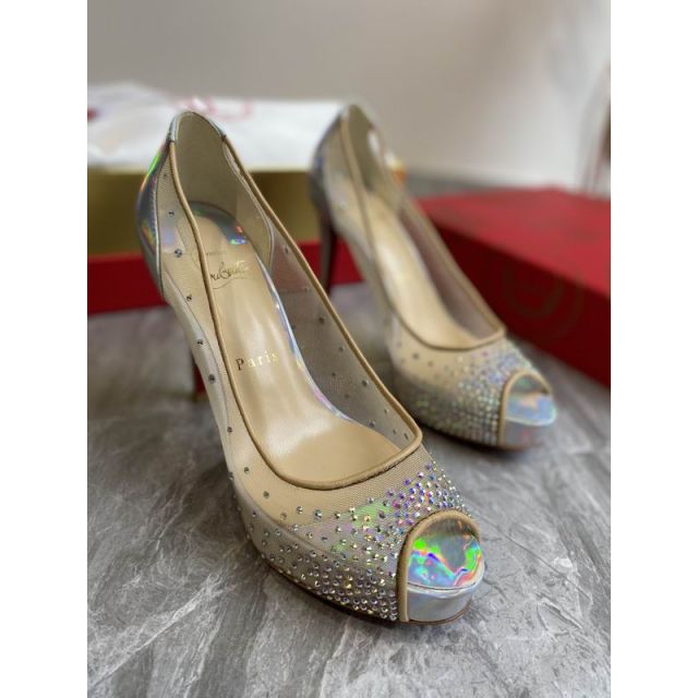 Christian Louboutin Very Strass Peep Toe Pumps 120mm Mesh and Leather Silver