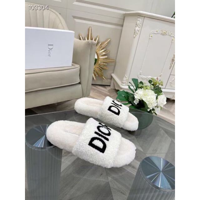 Dior Slides Embroidered Cotton White Shearling