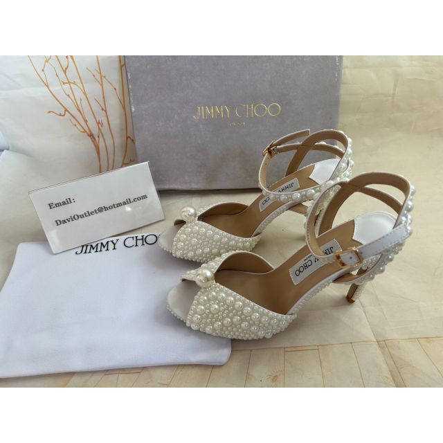 Jimmy Choo Sacora 100mm White Satin Sandals with All Over Pearls