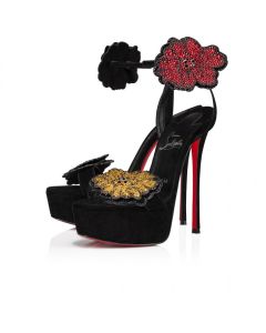 Christian Louboutin Button Flower Strass Loubi Queen Alta 150mm Platform Sandals Veau Velours Strass Black