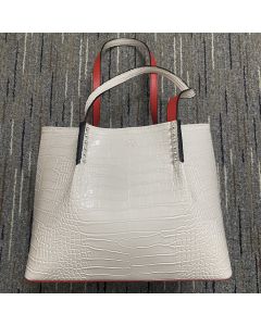 Christian Louboutin Cabarock Shopper Tote Crocodile Embossed Calfskin Spiked White