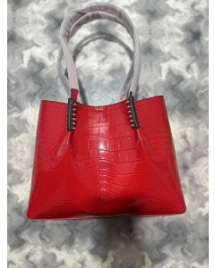 Christian Louboutin Cabarock Small Tote Crocodile Embossed Calfskin Spiked Red