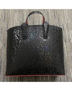 Christian Louboutin Cabata East West Tote Bag Patent Calfskin Leopard Print Spikes Black