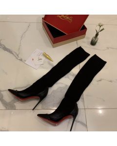 Christian Louboutin Dovi Dova Sock Booties 100mm Knee-high Boots Knit Fabric and Leather Black