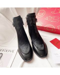 Christian Louboutin Ecritoir Flat Ankle Boots Calfskin and Fur Black