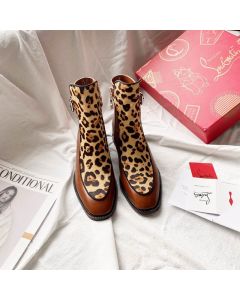 Christian Louboutin Ecritoir Flat Ankle Boots Calfskin and Velvet Leopard Brown