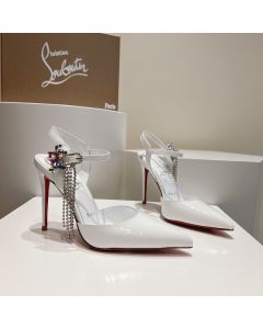 Christian Louboutin Goldina Rain 100mm Pumps Crystal Buckle Embellished Patent White