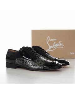 Christian Louboutin Greggo Oxfords Crocodile Embossed Patent Leather Black Gray