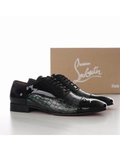 Christian Louboutin Greggo Oxfords Crocodile Embossed Patent Leather Black Green