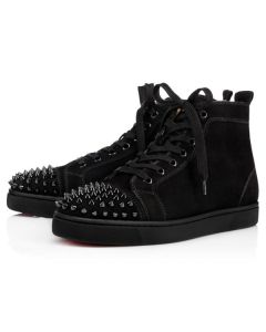 Christian Louboutin High-top Lou Spikes Black/black/bk Suede Sneaker 