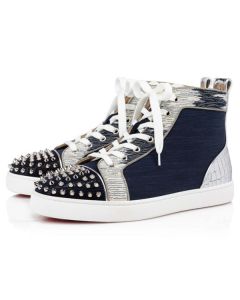 Christian Louboutin High Top Lou Spikes Orlato Version Marine Suede Leather