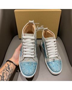 Christian Louboutin High Top Sneakers Strass Embellished Glitter Leather Blue