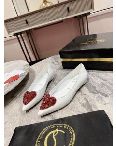 Christian Louboutin KATE LOVE Flat with Crystal Strass Heart Nappa White