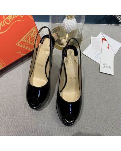 Christian Louboutin Lady Peep Toe 150mm Slingback Pumps Black Patent Leather