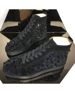 Christian Louboutin Lou Pik Pik Strass High-Top Sneakers Suede Leather Black