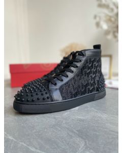 Christian Louboutin Lou Spikes 2 High Top Sneakers Calf Leather Monogram-jacquard Black