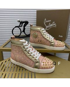 Christian Louboutin Lou Spikes Donna Flat Sneakers Glittered and Patent Leather Pink Gold