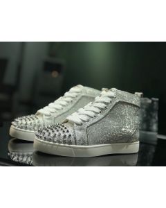 Christian Louboutin Lou Spikes High-top Sneakers Glitter Leather Silver