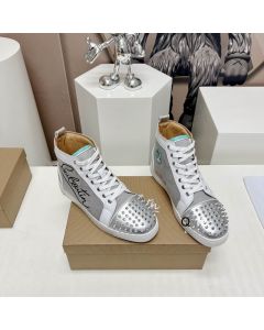 Christian Louboutin Lou Spikes High-top Sneakers Leather and Fabric Silver