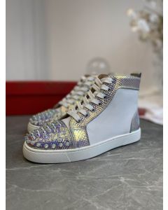 Christian Louboutin Lou Spikes High-top Sneakers Metallic Leather White Silver