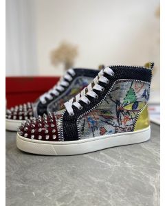 Christian Louboutin Lou Spikes High-top Sneakers Graffiti Sequin And Leather Multicolor