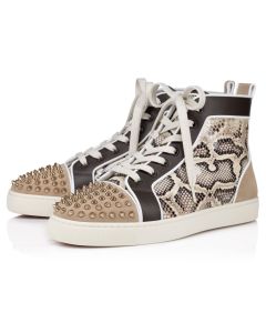Christian Louboutin Lou Spikes High-Top Sneakers Veau Velours Patent Calf Leather Snake Printed And Spikes Saharienne