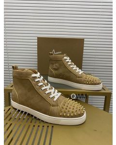 Christian Louboutin Lou Spikes Orlato Flat High Top Sneakers Veau Velours Beige