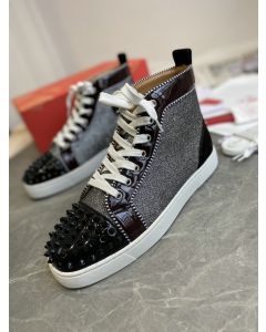 Christian Louboutin Lou Spikes Orlato High-top Sneakers Patent Leather and Fabric Black Gray