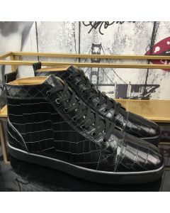 Christian Louboutin Louis Flat High-Top Sneakers Crocodile Embossed Leather Black