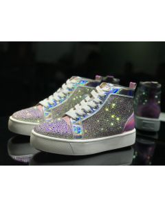 Christian Louboutin Louis Flat High-Top Sneakers Crystals Embellished Iridescent Leather Pink