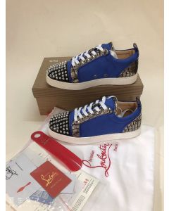 Christian Louboutin Louis Junior Spike Low Top Sneakers Leather and Veau Velours Blue