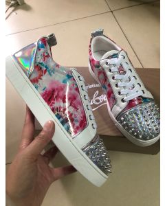 Christian Louboutin Louis Junior Spike Low Top Sneakers Laminated Leather Floral Print