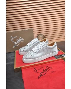 Christian Louboutin Louis Junior Spikes Men Low-top Sneakers Glitter Fabric Silver