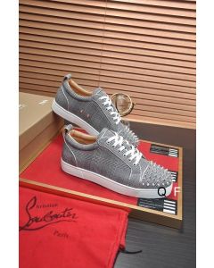 Christian Louboutin Louis Junior Spikes Orlato Flat Sneakers Monochrome Canvas Gray