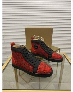 Christian Louboutin Louis Orlato Flat Glitter High-Top Sneakers In Strass Red Black