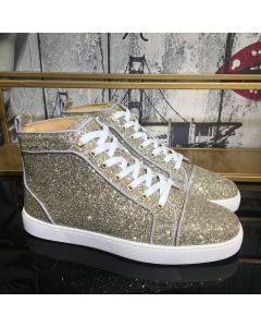 Christian Louboutin Louis Orlato Flat High-Top Sneakers Glitter Fabric Gold