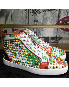 Christian Louboutin Louis Orlato Spikes Sneakers Crackled Calfskin Hawaii Print Multicolor