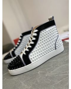 Christian Louboutin Louis Spikes 2 High-Top Sneakers Suede and Calf Leather White Black